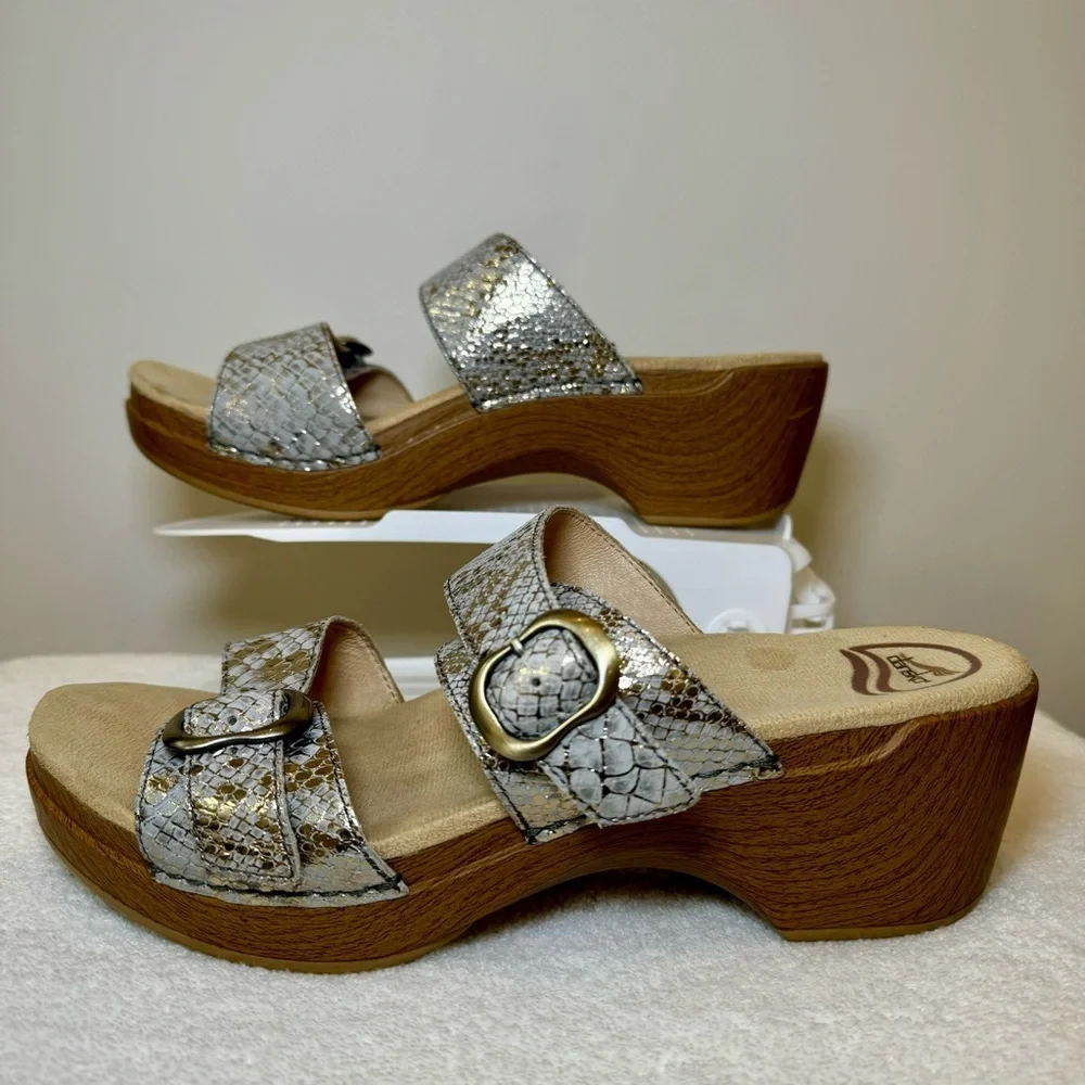 Dansko Sophie Leather Snakeskin‎ Metallic Slide Sandal Double Strap EUR size 41